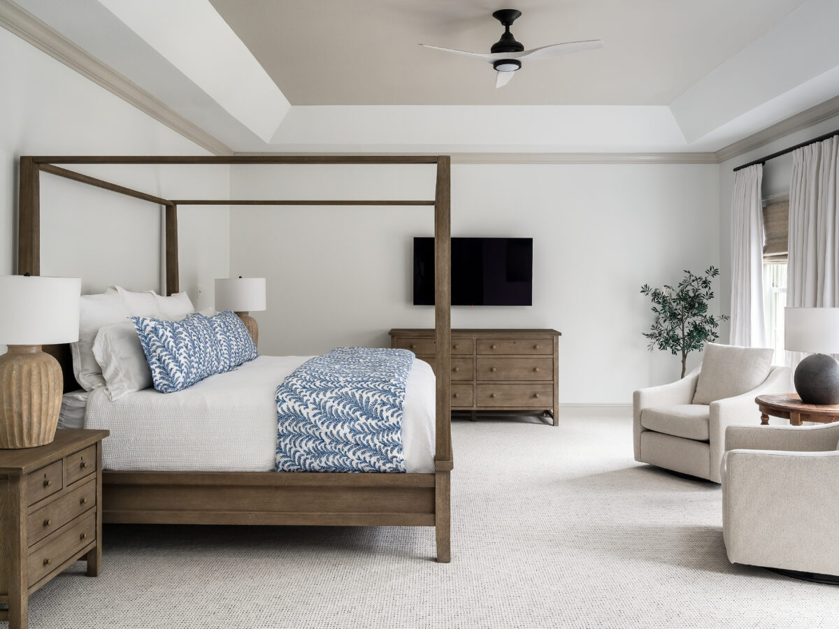 Bedroom with blue and white bedding, canopy bed, dresser with tv above, large table lamps on nightstands