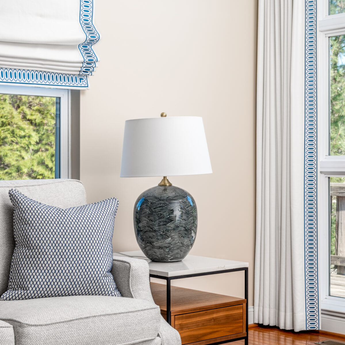 table lamp and custom upholstery, custom window treatments for an interior design in Maryland