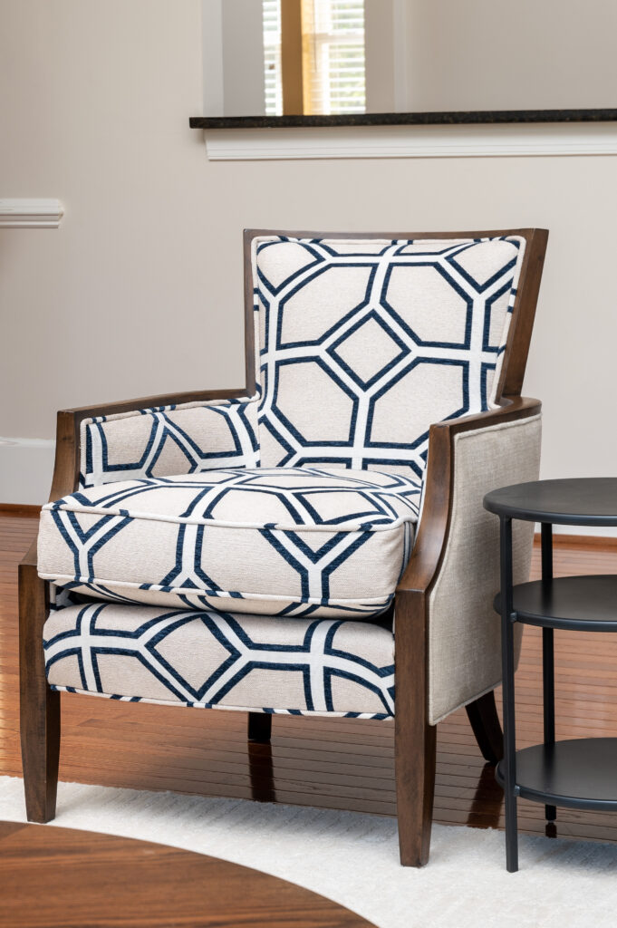 Dual fabric custom chair, interior design in Laurel, Maryland