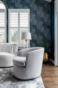Botanical wallpaper, benjamin moore paint color, contemporary furniture