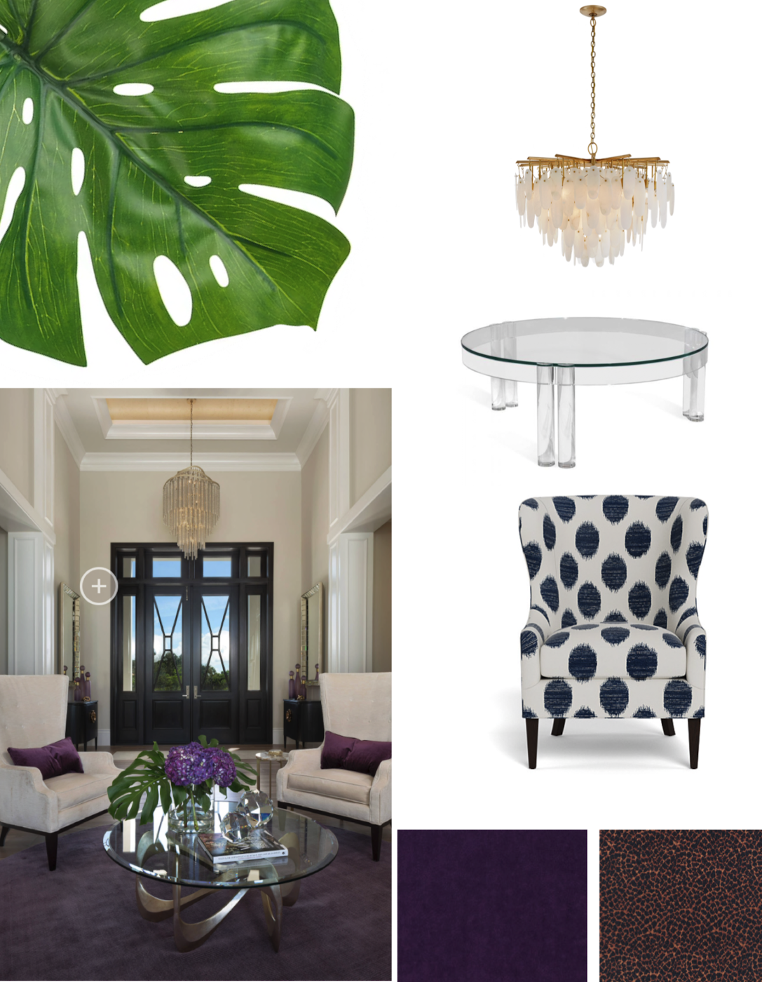 Interior Design Moodboard, Baltimore, Maryland, leaf, modern lighting, acrylic coffee table, highback chair