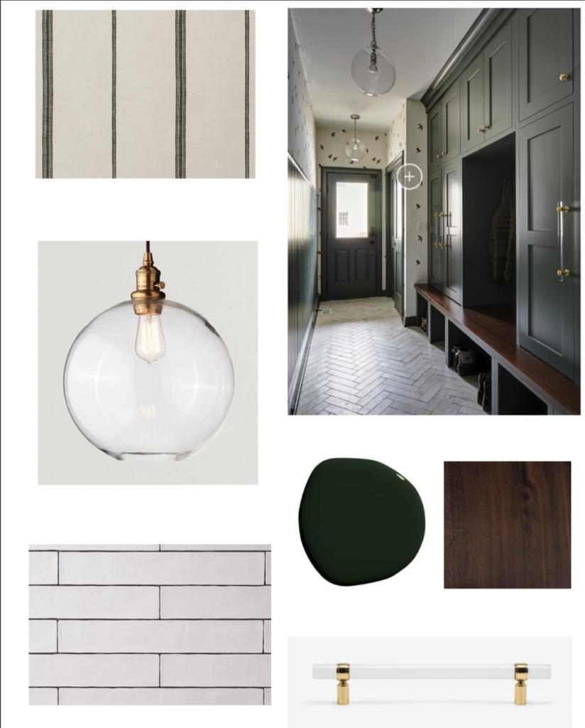 Interior design moodboard, glass globe light, green cabinets, tile floor