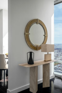 Travertine console table and lamp, shell mirror