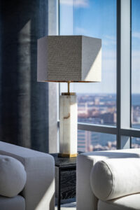 Marble lamp with city skyline in background