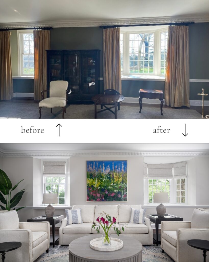 Before and after photo of a fresh, bright living space. The parlor of Loyola University's Armiger House