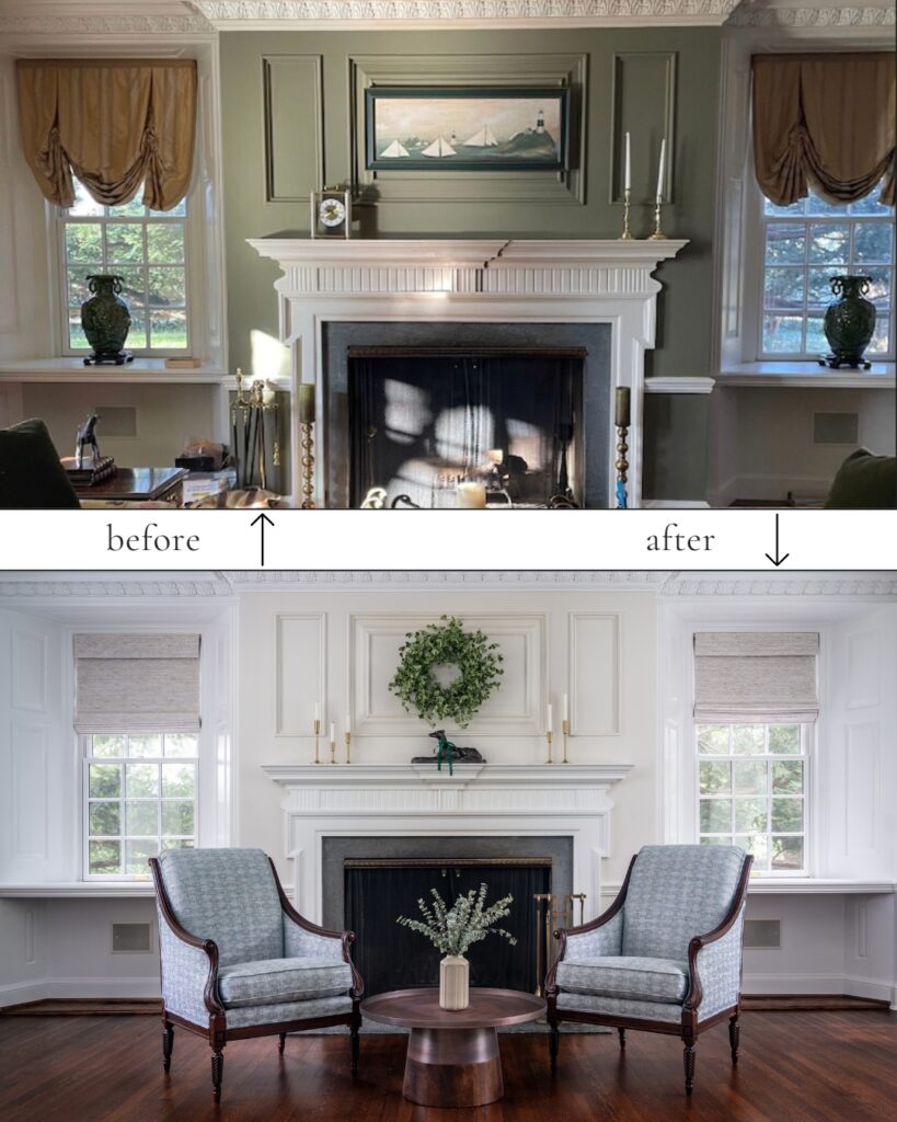Before and after photo of a fresh, bright living space. The parlor of Loyola University's Armiger House
