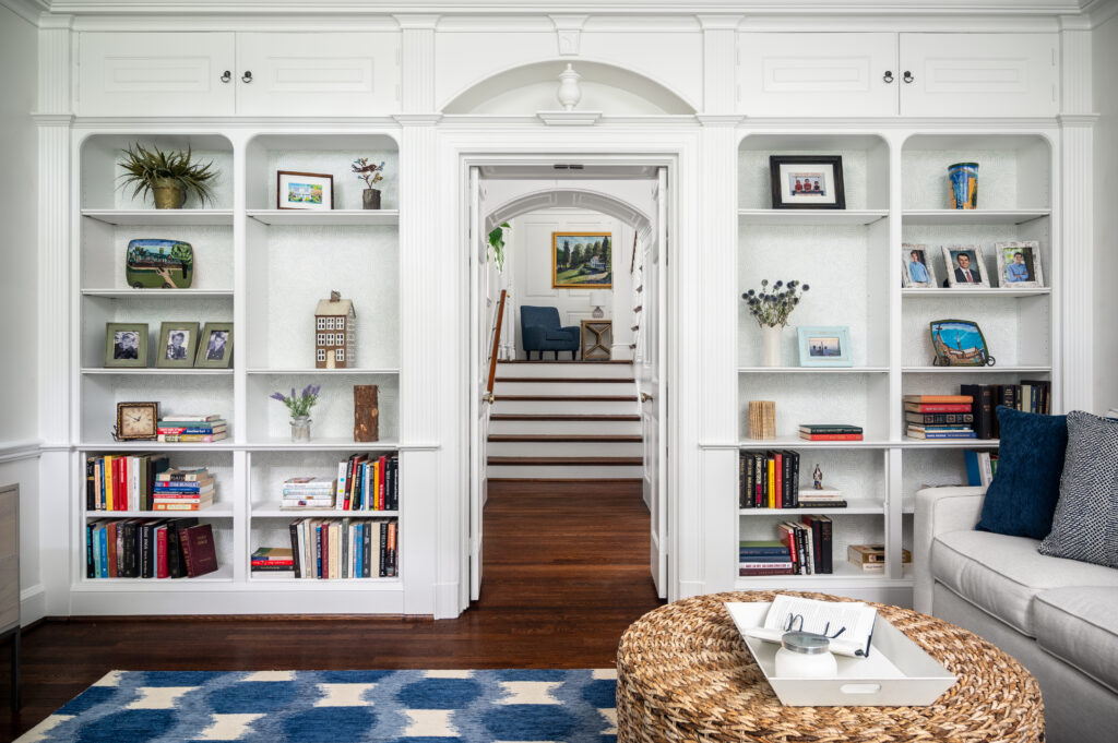 built-in bookshelves looking onto a hallway