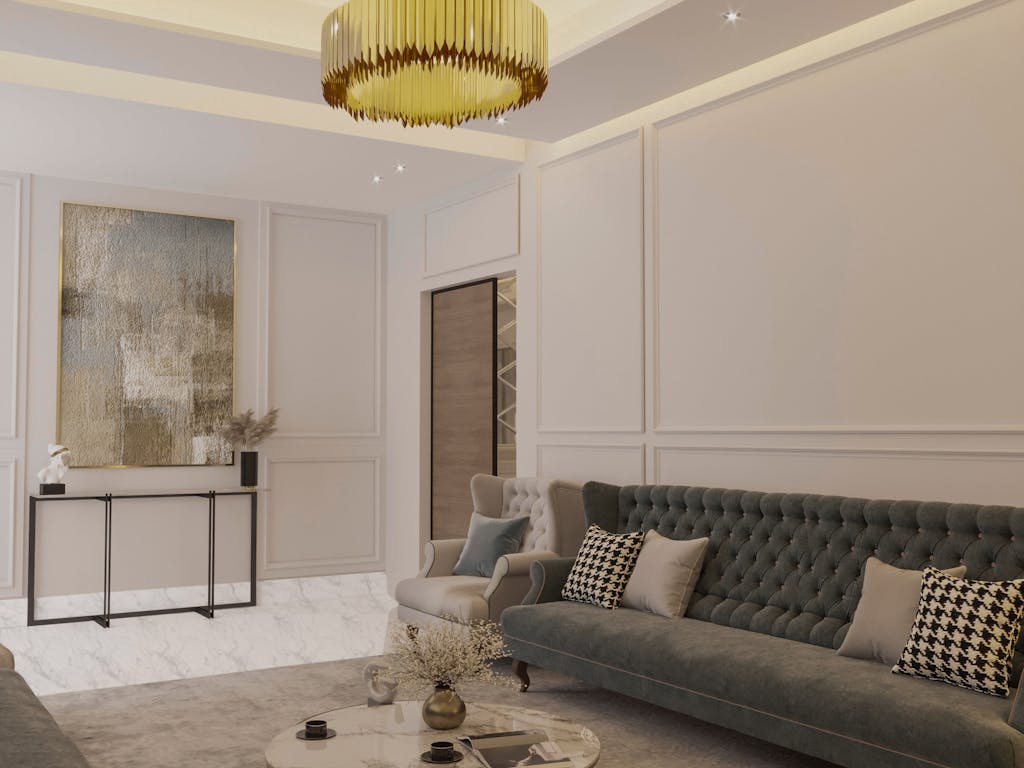 A sophisticated minimalist living room featuring chic furniture and elegant decor.