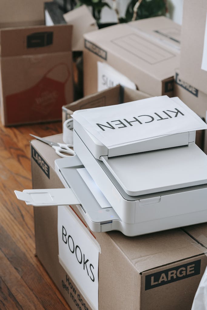 A collection of large cardboard boxes labeled for moving, alongside a printer, representing organization and preparation indoors.