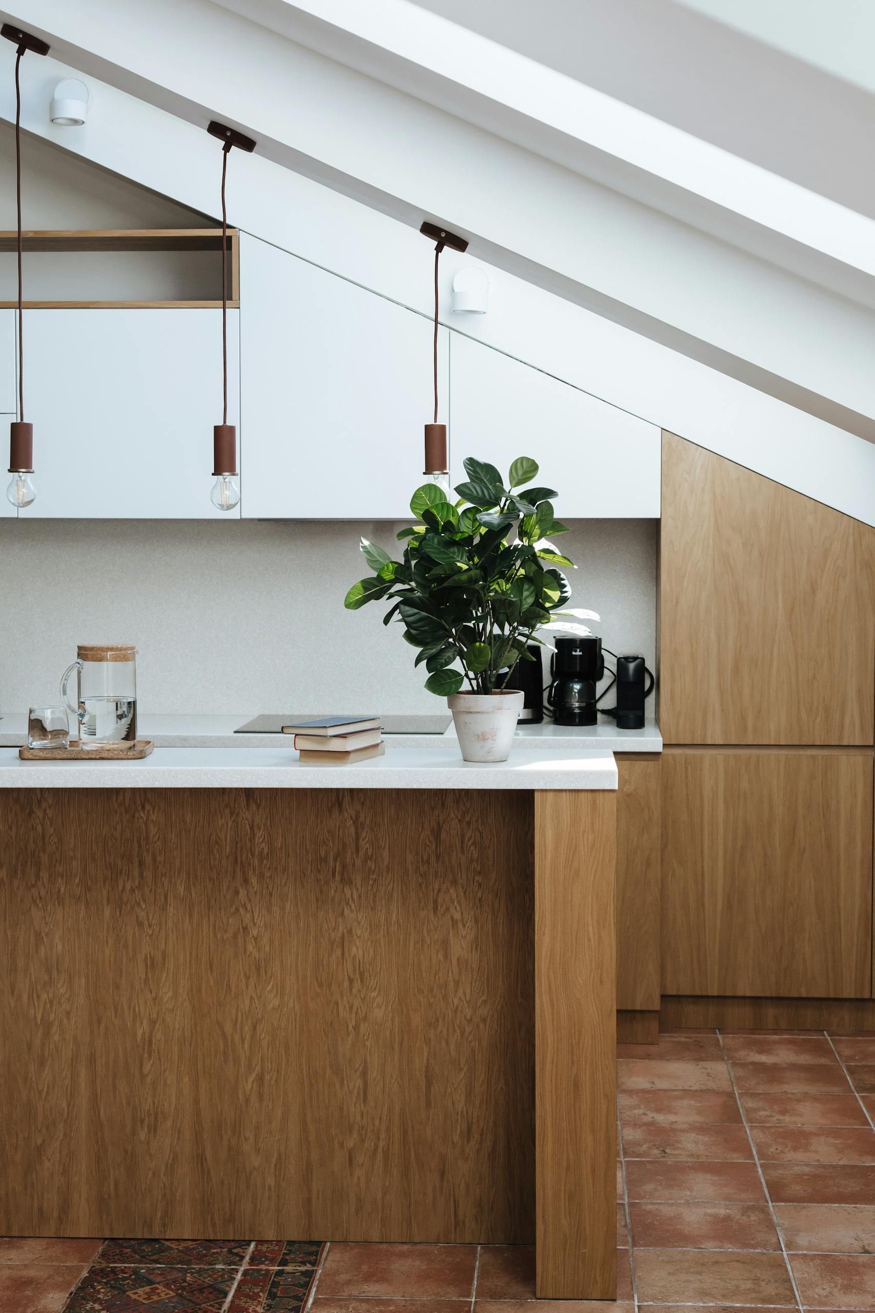 Stylish kitchen featuring wood cabinetry, plants, and elegant lighting. Perfect for home interiors.